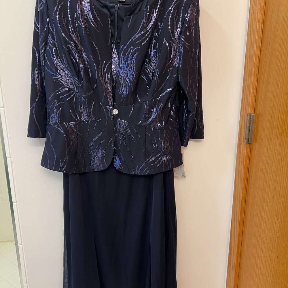 NWT ALEX EVENINGS Navy Blue Sequined A-ine Midi Petite Dress & Jacket - Size 12P - Picture 11 of 14